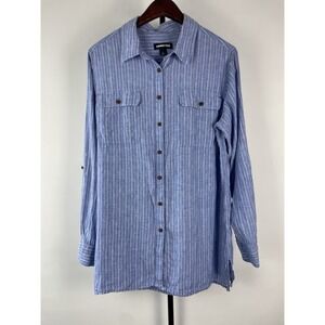 Lands' End Light Blue White Striped Linen Button Down Tunic Women's Size L